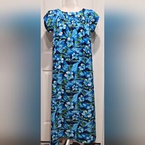 Vintage Made In Hawaii Floral Blue Hibiscus Palm Tree Tropical Muumuu Dress